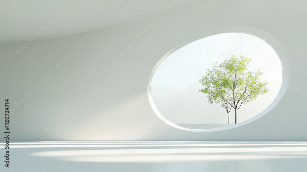 Obraz premium Minimalist Interior with Oval Window and Tree