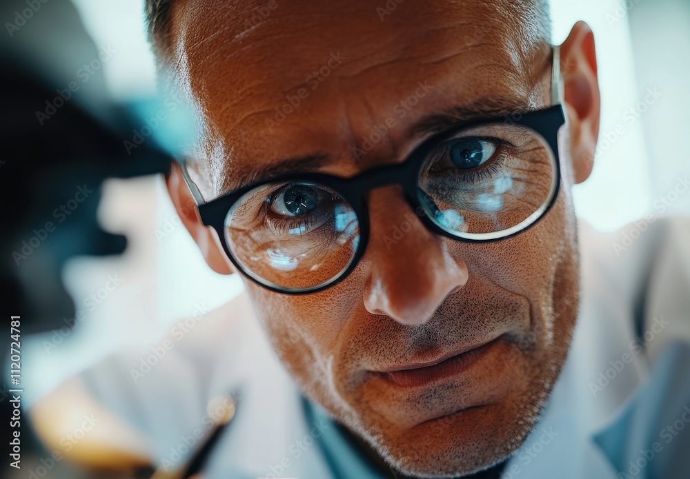 Close-up Portrait of a Focused Scientist in Glasses Examining Samples Under a Microscope with Intense Expression and Bright Lighting in a Laboratory Setting Close-up Portrait of a Focused Scientist in Glasses Examining Samples Under a Microscope with Intense Expression and Bright Lighting in a Laboratory Setting