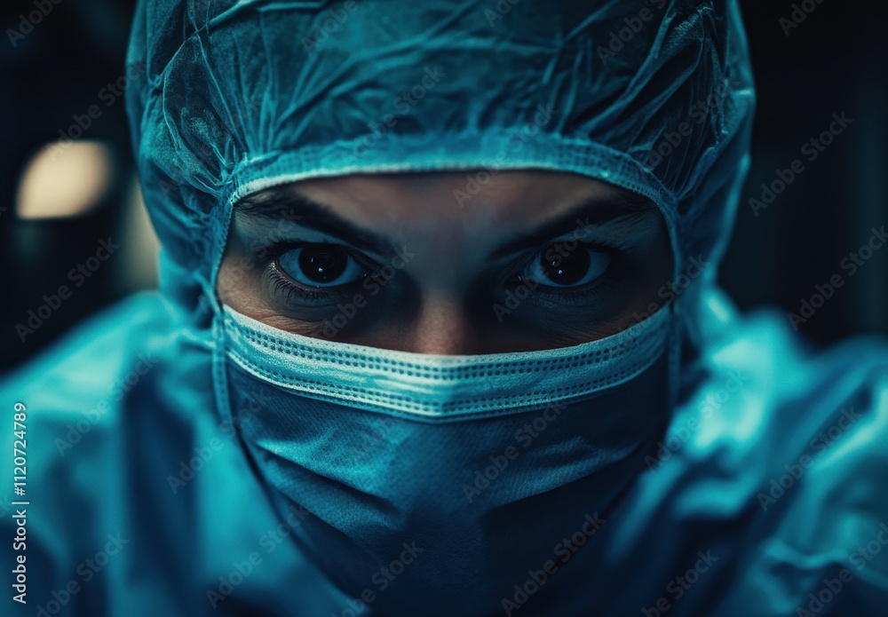 Close-Up Portrait of a Focused Medical Professional in Surgical Attire with Mask and Cap, Reflecting Determination in a Clinical Environment Close-Up Portrait of a Focused Medical Professional in Surgical Attire with Mask and Cap, Reflecting Determination in a Clinical Environment