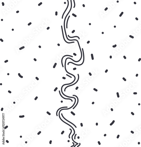 Between the different particles, spots and dots there is a winding vertical path or seam.