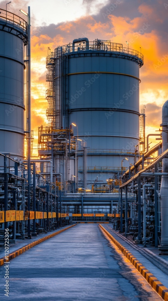 Obraz premium Industrial Refinery Silhouetted Against Vibrant Sunset Sky