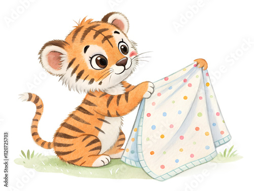 cute tiger cub holding a baby blanket watercolor illustration photo