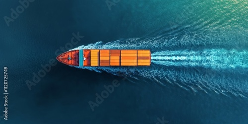 Aerial top-down view of a container cargo ship sailing at high speed on calm blue waters, representing global business logistics, international trade, and modern transportation networks with a high-re