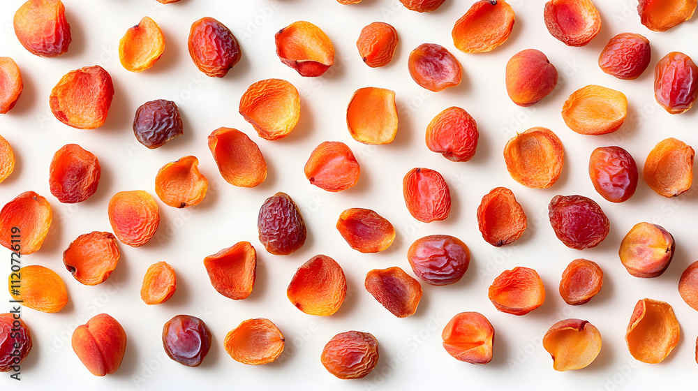 Dried apricots scattered on a white background. The apricots are various shades of orange and red, showing both whole and halved pieces. A healthy and visually appealing food image. Dried apricots scattered on a white background. The apricots are various shades of orange and red, showing both whole and halved pieces. A healthy and visually appealing food image.