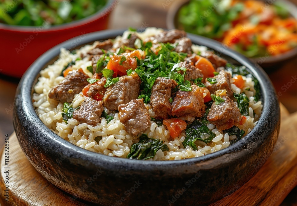 Delicious Beef and Rice Dish Featuring Tender Meat, Fresh Herbs, and Colorful Vegetables in a Rustic Bowl Served on a Wooden Board for a Gourmet Experience Delicious Beef and Rice Dish Featuring Tender Meat, Fresh Herbs, and Colorful Vegetables in a Rustic Bowl Served on a Wooden Board for a Gourmet Experience