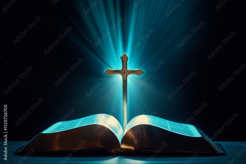 A glowing cross shining over an open Bible, illuminated by radiant blue light rays against a dark background, symbolizing divine wisdom, spiritual power, and the sacred mystery of God's word. A glowing cross shining over an open Bible, illuminated by radiant blue light rays against a dark background, symbolizing divine wisdom, spiritual power, and the sacred mystery of God's word.