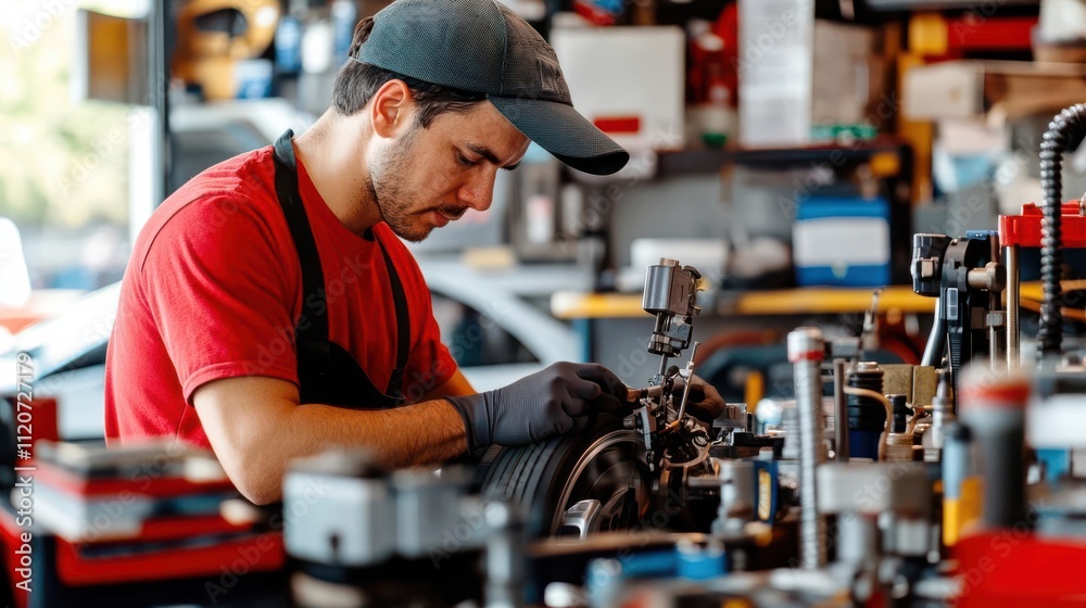 A mechanic working diligently on equipment in a workshop. A mechanic working diligently on equipment in a workshop.