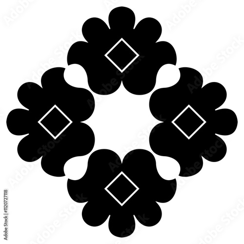 Geometrical abstract ornament with floral motifs. Black and white silhouette.