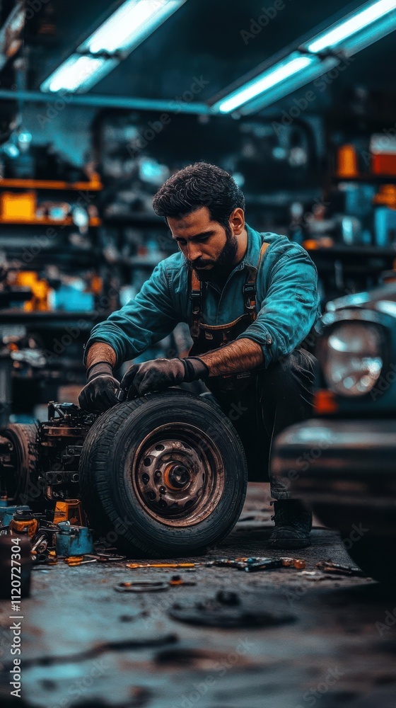 A mechanic repairs a tire in a workshop, showcasing craftsmanship and focus. A mechanic repairs a tire in a workshop, showcasing craftsmanship and focus.