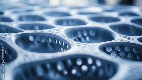 Close-up of a textured, 3D-printed surface with repeating circular and oval patterns, exhibiting a complex, porous structure.