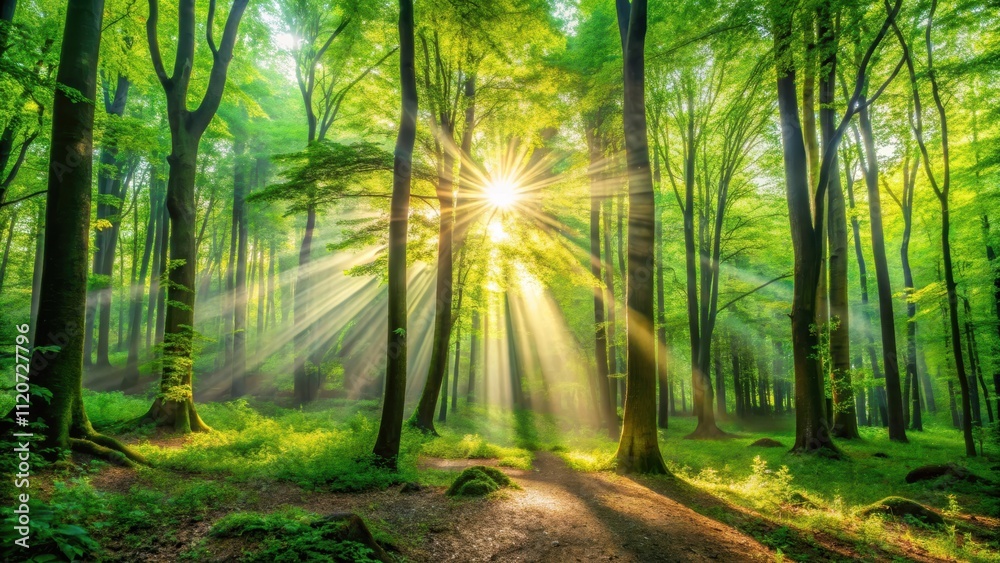 Fototapeta premium Vibrant panoramic view of illuminated foliage in a lush green forest with rays of sunlight , vibrant, panoramic, scenery
