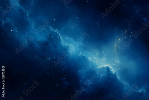 Dark blue nebula with bright stars and cosmic dust.