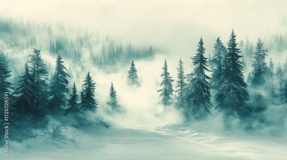 Fototapeta premium Misty winter forest scene with snow-covered evergreen trees.