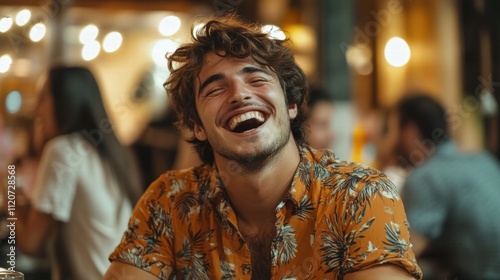 Happy Man Laughing in Restaurant