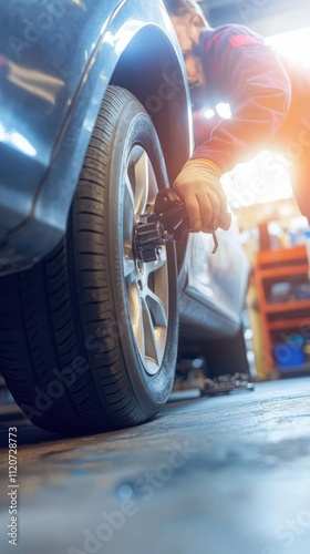 A mechanic using a power tool to work on a car tire in a workshop.