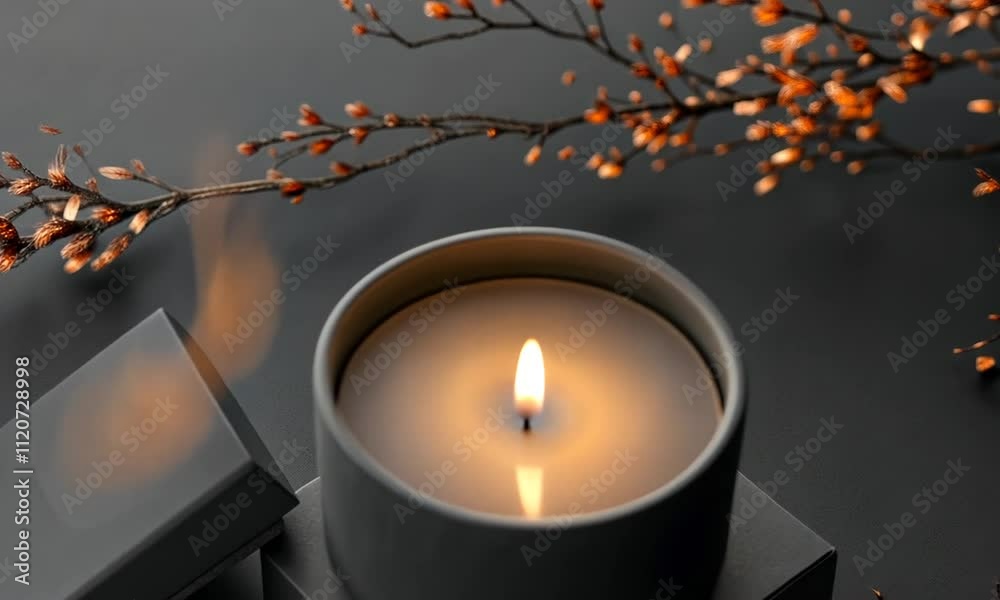 A lit candle in a minimalist setting with decorative branches.