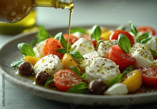 Fresh Caprese Salad with Mozzarella, Tomatoes, Basil, and Olive Oil Drizzle in a Rustic Plate Capturing Italian Culinary Delight