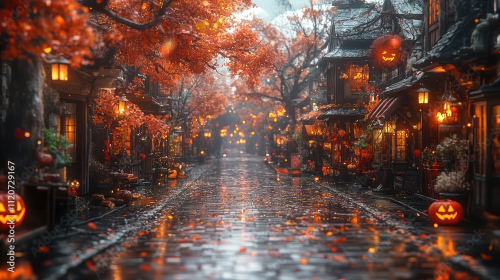Rainy Halloween street, autumn leaves, carved pumpkins, glowing lanterns. Rainy Halloween street, autumn leaves, carved pumpkins, glowing lanterns.