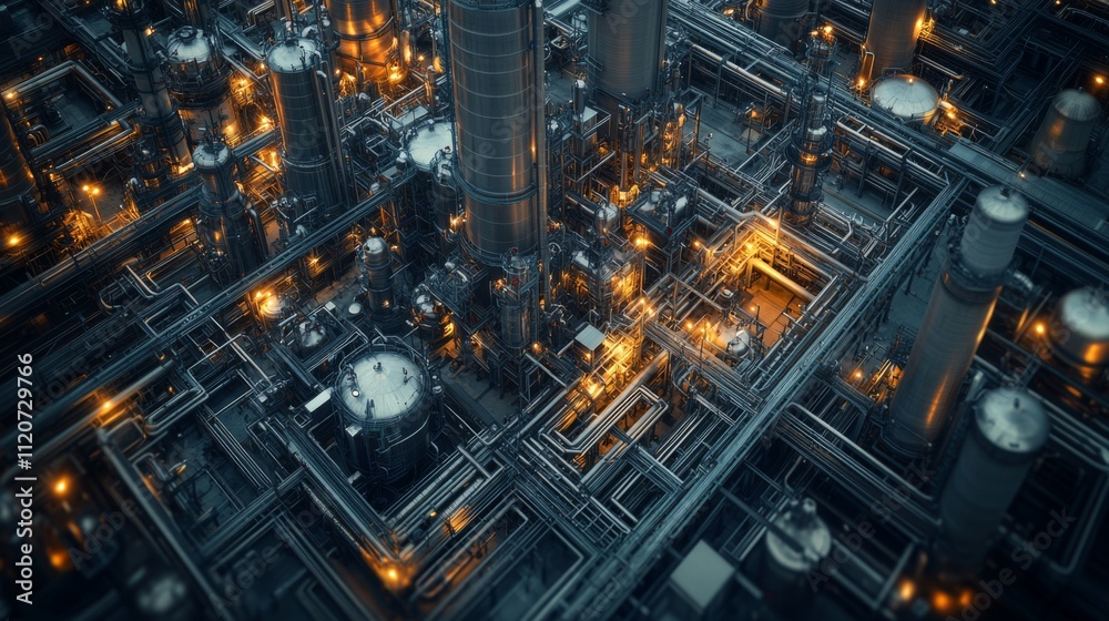 Industrial Complex: Night View of Illuminated Pipes and Structures