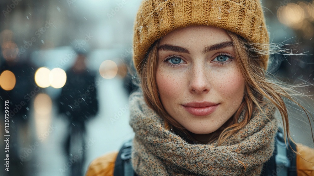 Young woman smiling in knitted hat and scarf during a cold winter city day Young woman smiling in knitted hat and scarf during a cold winter city day