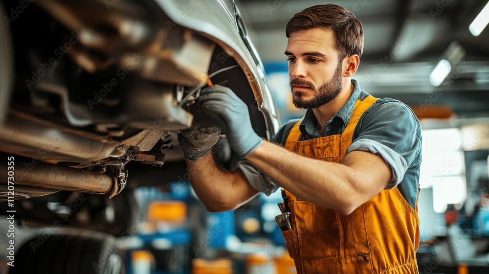 A mechanic in an orange jumpsuit works on a car in an automotive workshop. A mechanic in an orange jumpsuit works on a car in an automotive workshop.