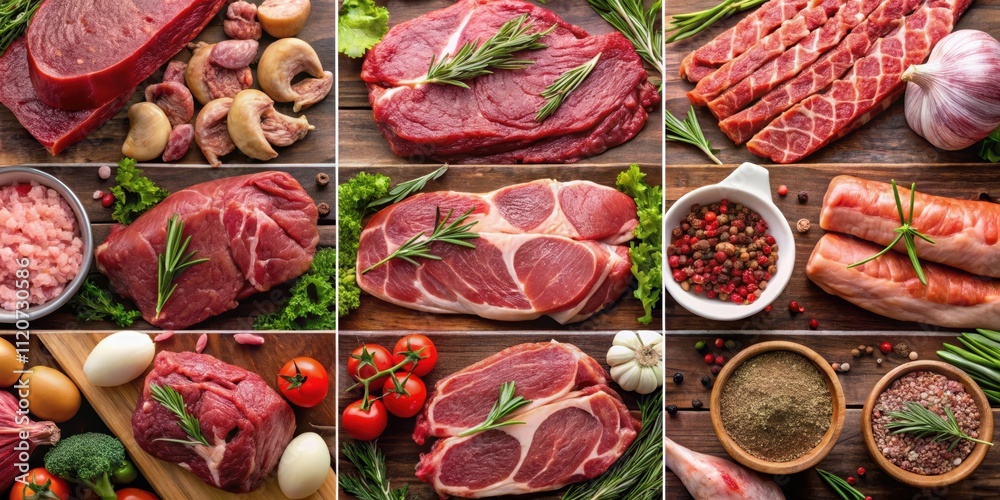 A collage of various raw meats including beef, chicken, pork, and lamb , meat, raw, collage, assortment, beef, chicken, pork, lamb A collage of various raw meats including beef, chicken, pork, and lamb , meat, raw, collage, assortment, beef, chicken, pork, lamb