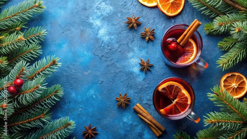 Blue background with mulled wine cups, orange slices, and fir twigs, mulled wine, blue background, cups, orange slices Blue background with mulled wine cups, orange slices, and fir twigs, mulled wine, blue background, cups, orange slices