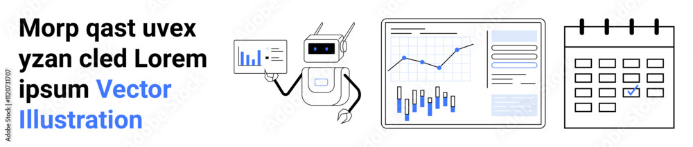 Robot with data interface, line graph with bar chart, calendar. Ideal for project management, data analysis, AI automation, productivity planning, business strategy, data visualization. Landing page Robot with data interface, line graph with bar chart, calendar. Ideal for project management, data analysis, AI automation, productivity planning, business strategy, data visualization. Landing page
