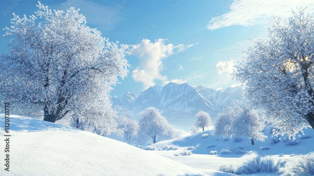 A snowy landscape with tall, snow-covered trees and mountains in the background under a clear blue sky A snowy landscape with tall, snow-covered trees and mountains in the background under a clear blue sky