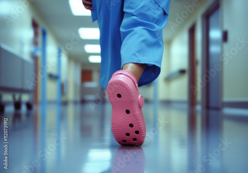 Healthcare Professional Walking in Hospital Corridor Wearing Pink Crocs, Medical Scrubs and Navigating Brightly Lit Healthcare Environment