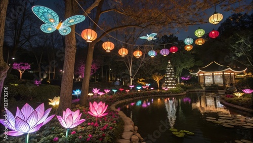 A sprawling garden scene is recreated using LED flowers and trees each blooming with multicolored lights. Lanterns shaped like butterflies flutter overhead casting soft reflections photo