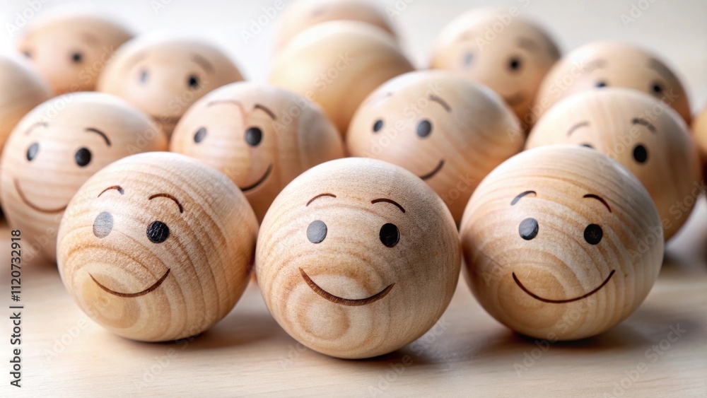 Fototapeta premium Neutral wooden balls with blank expressions, perfect for conveying neutrality and objectivity in various concepts, wooden