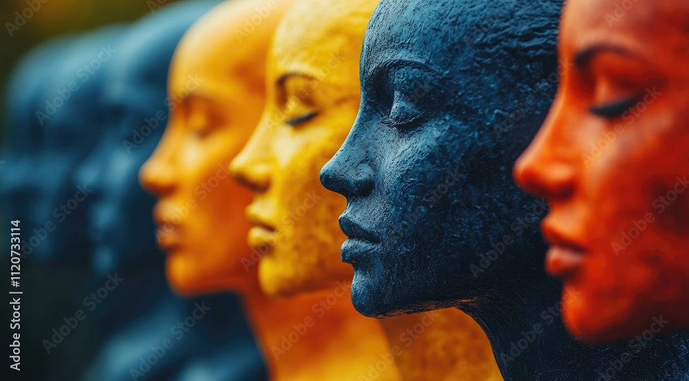Colorful painted female head sculptures in a row, profile view. Colorful painted female head sculptures in a row, profile view.