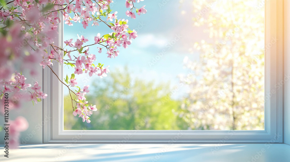 White window close-up with a beautiful spring landscape view
