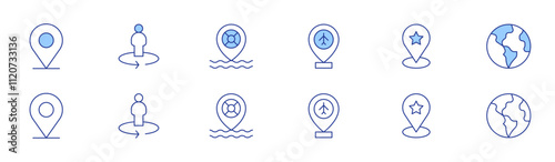 Map icon set in two styles, Duotone and Thin Line style. Editable stroke. map location, street view, location, lifebuoy, globe