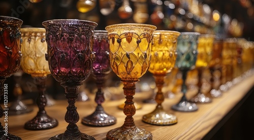 Colorful, ornate glass goblets on display. photo