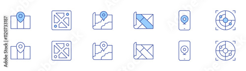 Map icon set in two styles, Duotone and Thin Line style. Editable stroke. map, phone, moba, radar