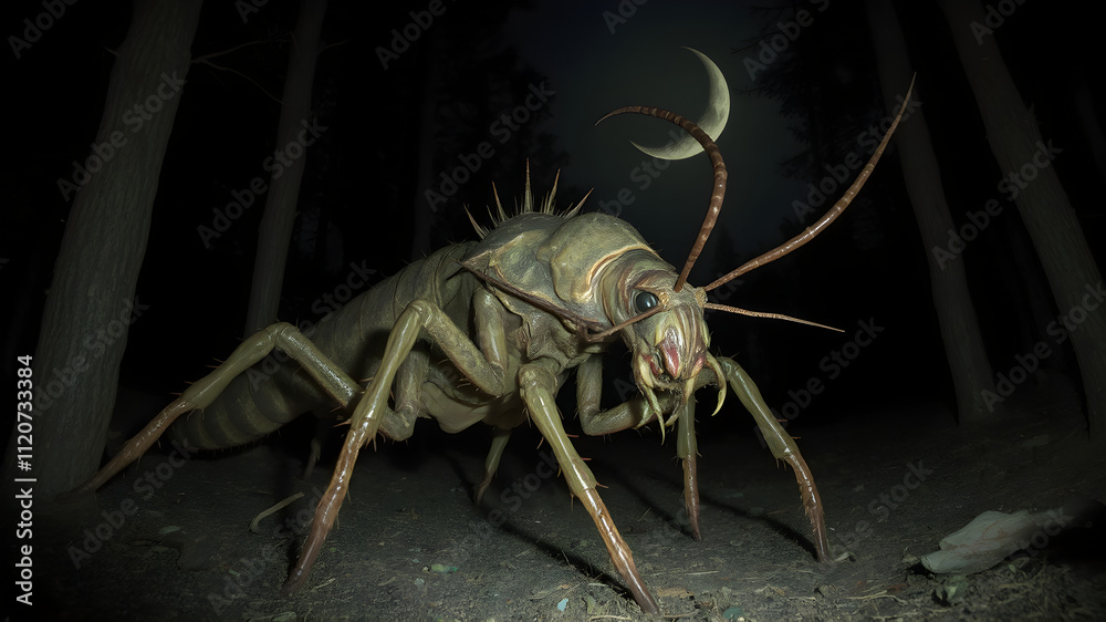 A terrifying, insectoid creature with spiny legs and a large, venomous stinger, crawling through a dark forest under a crescent moon A terrifying, insectoid creature with spiny legs and a large, venomous stinger, crawling through a dark forest under a crescent moon