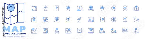 Map icons collection. Line Duotone style, editable stroke. gps, location, map, global network, placeholder, server, travel, hospital, meeting point, guide book, dog, maps