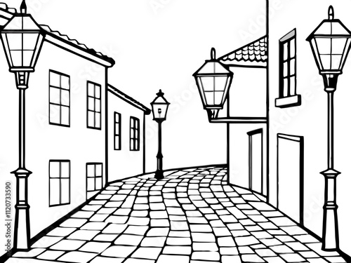 detailed illustration of a charming cobblestone street lined with vintage streetlights.