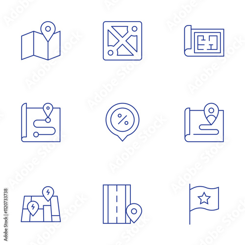 Map icons set. Thin Line style, editable stroke. blueprint, customer journey, flag, map, moba, placeholder, road