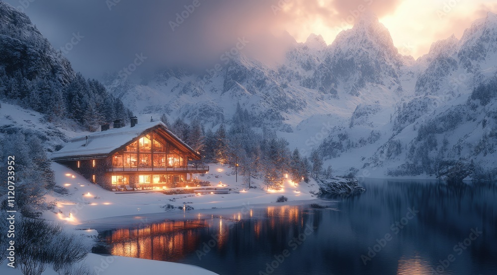 Fototapeta premium Cozy cabin nestled in snowy mountains, reflecting in a frozen lake at sunset.