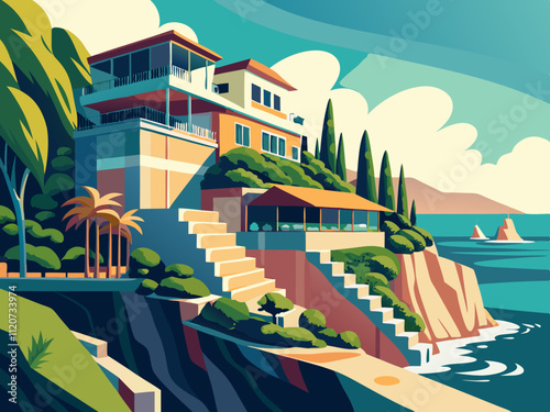 detailed illustration of a cliffside villa with cascading terraces and ocean views.