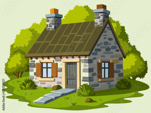 detailed illustration of a historic stone cottage with moss-covered roof tiles.