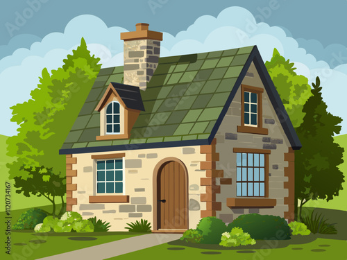 detailed illustration of a historic stone cottage with moss-covered roof tiles.