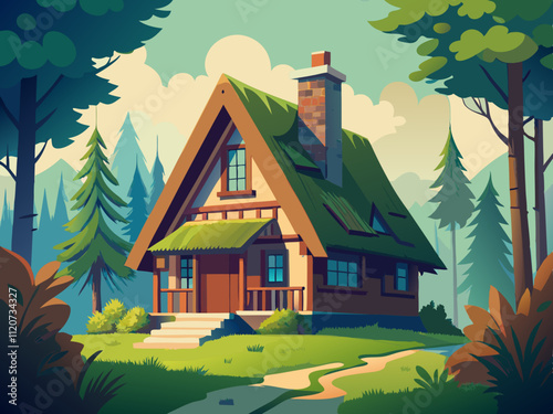 detailed illustration of a historic wooden cottage with moss-covered roof tiles.