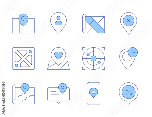Map icons. Line Duotone style, editable stroke. map, phone, maps, placeholder, speech bubble, moba, clock, remove, radar