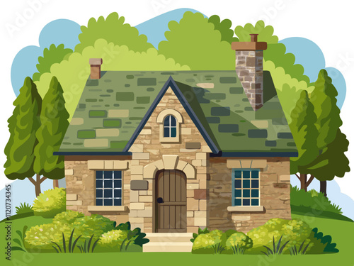 detailed illustration of a historic stone cottage with moss-covered roof tiles.