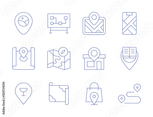 Map icons. Thin Line style, editable stroke. map, map location, map marker, mobile map, placeholder, route, shopping bag, store, street map