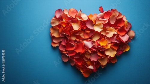 Wallpaper Mural Heart shaped arrangement of red, orange, and pink rose petals on a blue background. Torontodigital.ca
